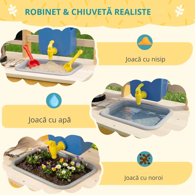 AIYAPLAY Bucătărie de jucărie exterioară din lemn cu roți Apă reală Ghivece Tablă și 15 accesorii 84,2x34,4x90 cm Galben