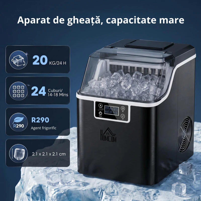 HOMCOM Mașină de Gheață 20kg în 24 de Ore, 24 Cuburi în 14-18 Minute și Sistem Auto-curățare, Neagră