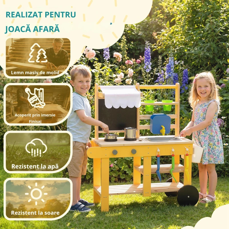 AIYAPLAY Bucătărie de jucărie exterioară din lemn cu roți Apă reală Ghivece Tablă și 15 accesorii 84,2x34,4x90 cm Galben