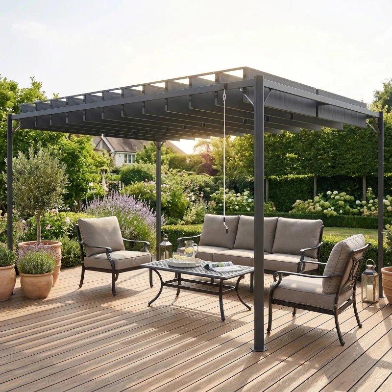 Outsunny Pérgola de Jardim 3x4 m com Proteção UPF 50+ Gazebo com Teto Ajustável Estrutura de Metal para Exterior Cinzento Escuro