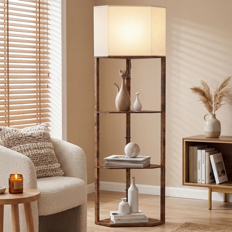 HOMCOM Corner Floor Lamp with Shelves, Tall Standing Lamps for Living Room, with Pull Chain Switch Bulb not Included, Rustic Brown