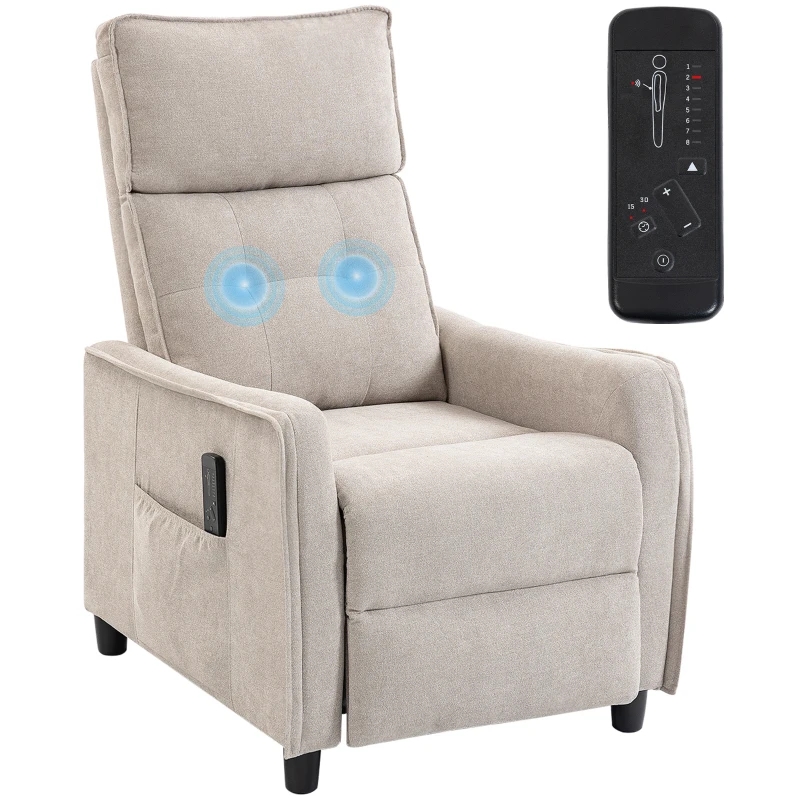 HOMCOM Sillón de Masaje Reclinable con Reposapiés 2 Zonas de Masaje Asiento de Muelles Bolsillos Tapizado en Lino Crema