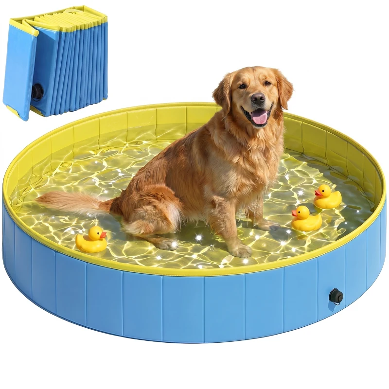 PawHut Foldable Dog Pool for Puppies and Ducks Dog Paddling Pool Bath Tub, Blue, 140 x 30cm