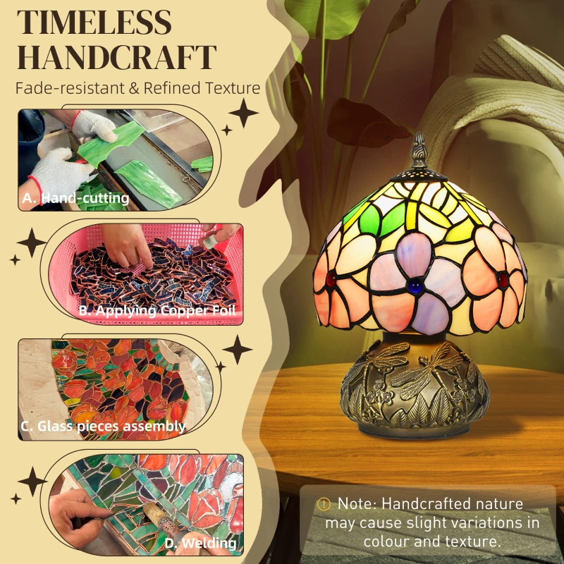 HOMCOM Tiffany-Style Table Lamp with Sculpted Dragonfly Base, Handcrafted Classic Stained Glass Bedside Lamp for Living Room and Bedroom, E27 Socket, Pink