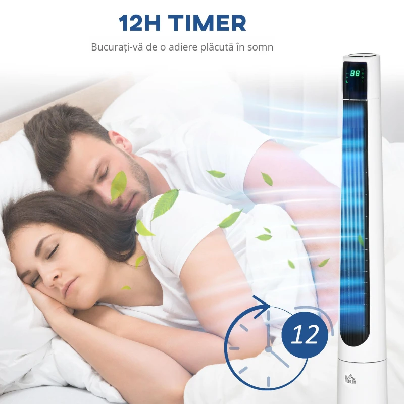 HOMCOM Ventilator turn 50W cu 3 moduri și 3 viteze, timer de 12h, din ABS, Ø32x118,2 cm, alb