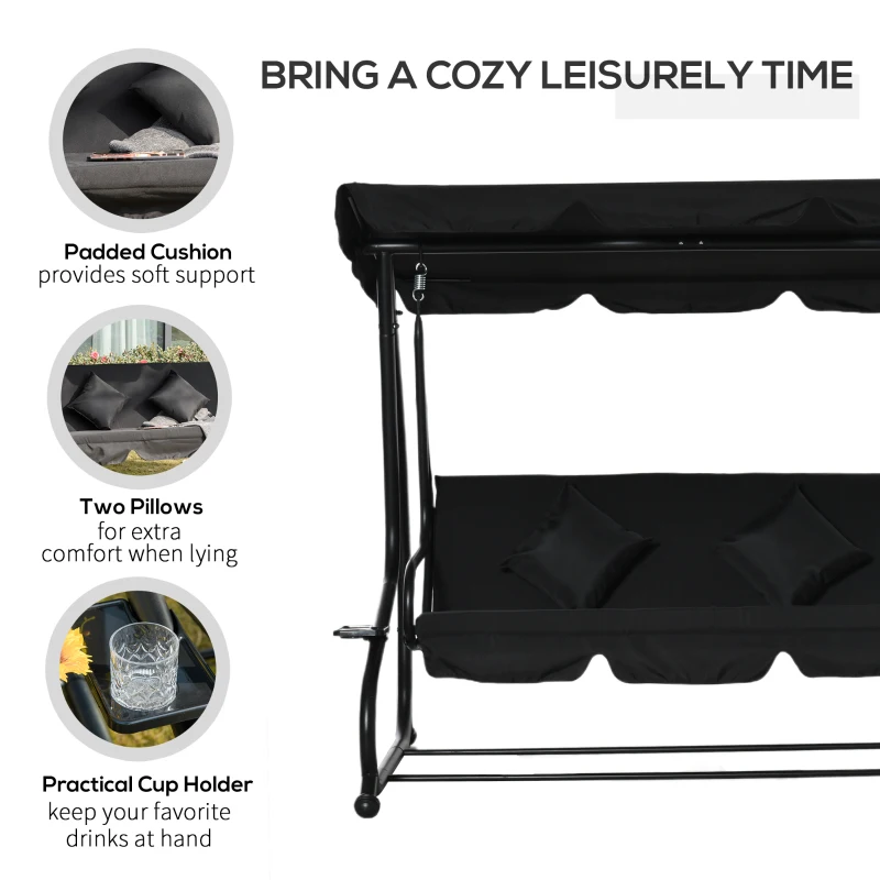 Outsunny Three-Person garden Swing Chair, with Adjustable Canopy - Black