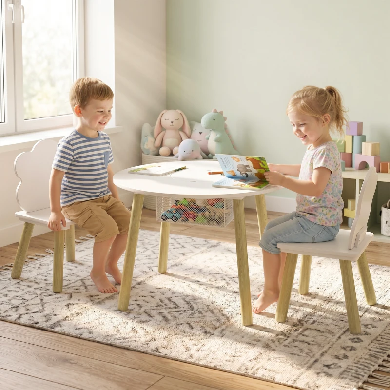 AIYAPLAY Table enfant avec chaise, ensemble table et 2 chaises en bois avec sac de rangement pour dessiner, jouer, étudier, blanc