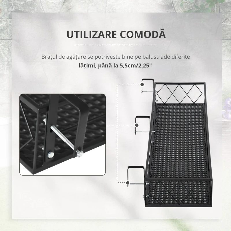 Jardiniera de Exterior Outsunny cu Carlige pentru Balustrada, Suport Ghivece pentru Balcon si Terasa din Metal