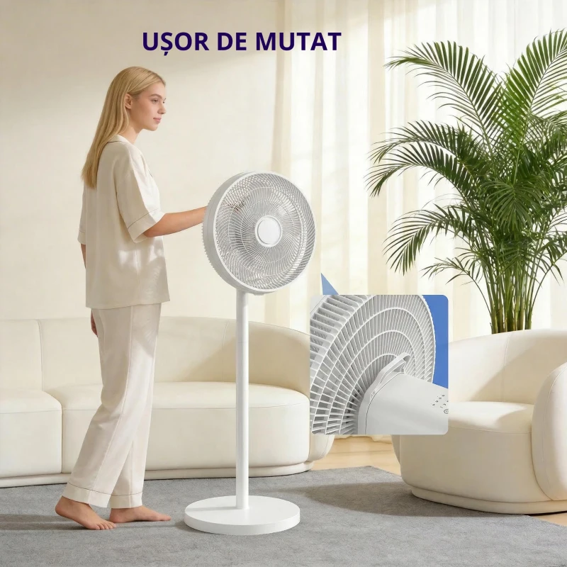 HOMCOM Ventilator de Podea cu Telecomandă, Reglabil pe Înălțime, 4 Viteze, Oscilație 80°, Timer 10 Ore, Alb, Ø40x90.5-118.5Î cm