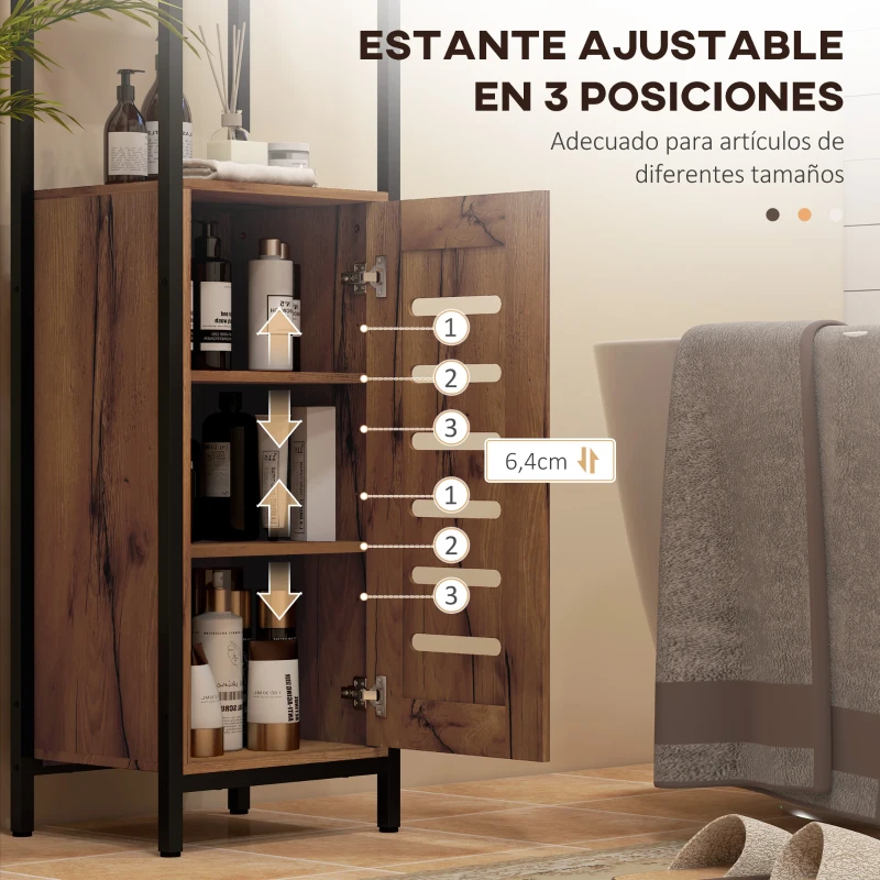 kleankin Columna de Baño Estrecha con Puerta de Lamas Estantes Ajustables Compartimentos Abiertos 37x30x167 cm Marrón Rústico