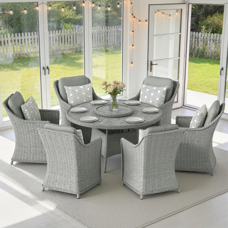 Outsunny Rattan Garden Dining Set with Turntable, Marble Effect Glass Round Garden Table and Chairs with Aluminium Frame, Grey