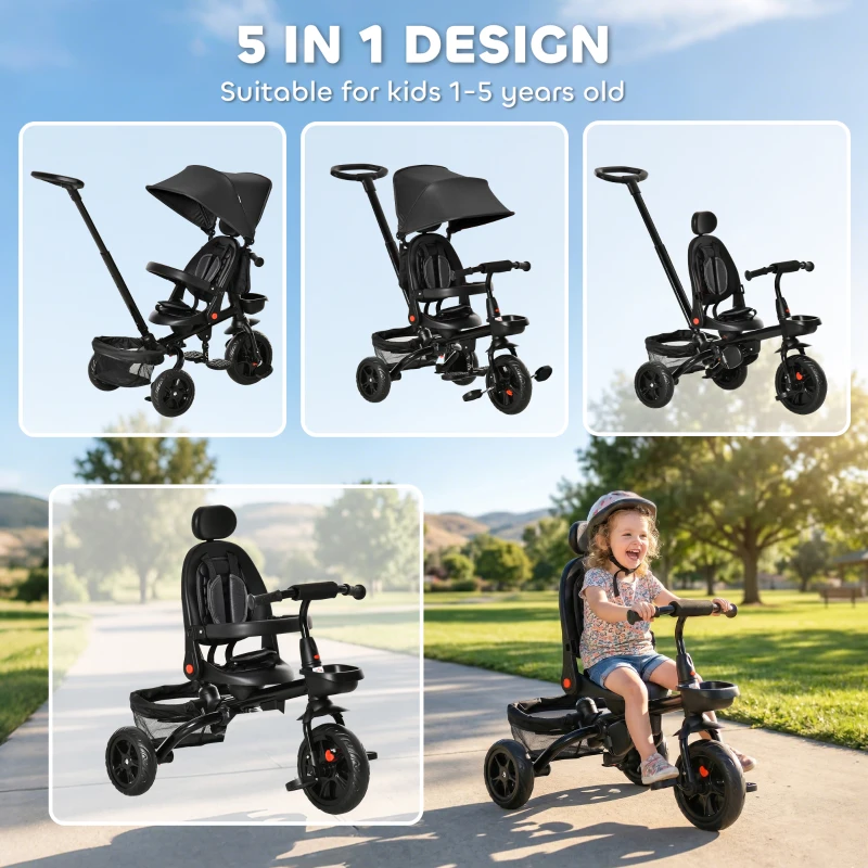 HOMCOM Dreirad mit Schubstange drehbarer Sitz 4-in-1 Kinderdreirad Kinder Fahrrad klappbar abnehmbar Kinderauto Metall EVA Schwarz 111,5 x 52 x 98 cm