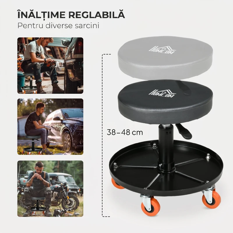 HOMCOM Scaun de atelier cu roți și suport pentru unelte, înălțime reglabilă și rotire, Ø40x25-48cm, negru