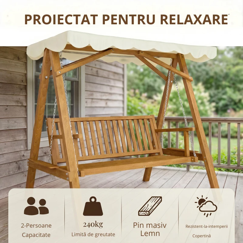 Outsunny Balansoar de Gradina 2 Locuri din Lemn de Pin cu Acoperis Parasolar,Alb