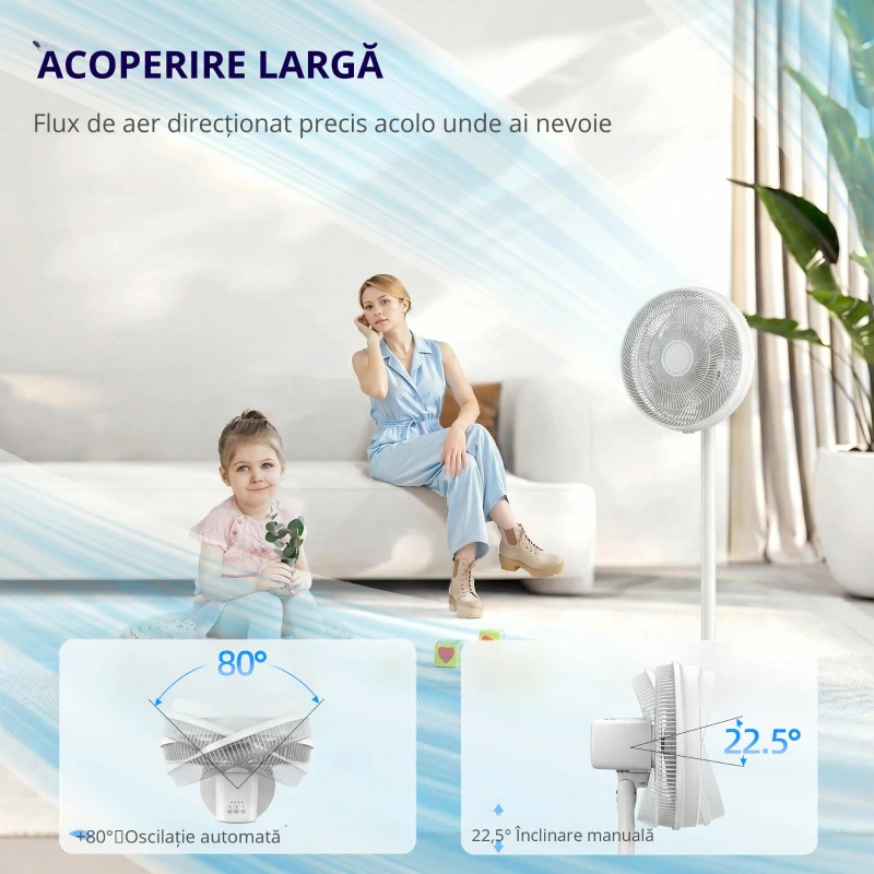 HOMCOM Ventilator de Podea cu Telecomandă, Reglabil pe Înălțime, 4 Viteze, Oscilație 80°, Timer 10 Ore, Alb, Ø40x90.5-118.5Î cm