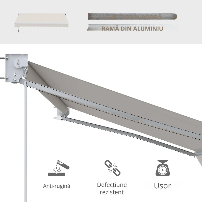 Outsunny Copertina pentru soare cu brate si actionare manuala, din aluminiu si poliester pentru exterior, 295x200 cm, alb crem