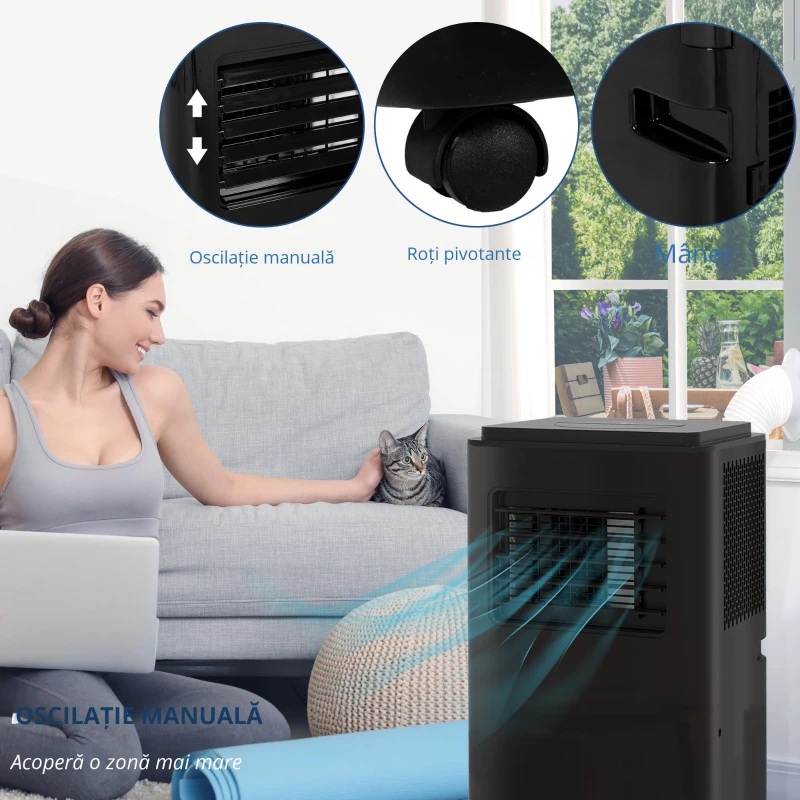 HOMCOM Aer condiționat portabil de 950W cu 5 moduri și 3 viteze, din plastic ABS și oțel, 33x28x70,4 cm, negru