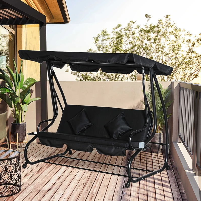 Outsunny Three-Person garden Swing Chair, with Adjustable Canopy - Black