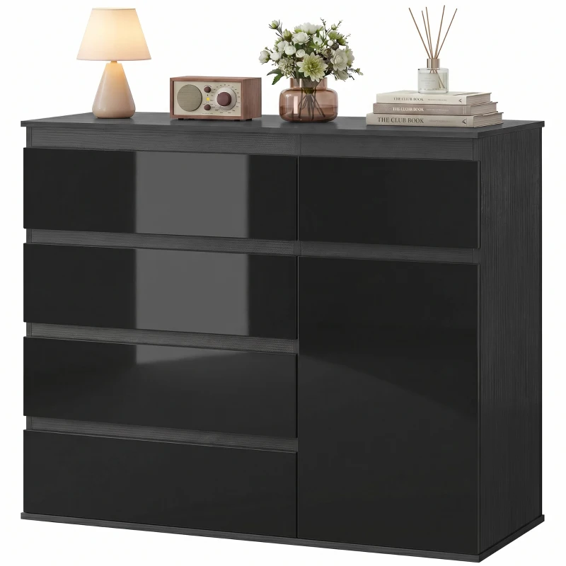 HOMCOM Modernes Sideboard, Stauraum-Sideboard mit 5 Schubladen, verstellbarem Regal, Soft-Close-Tür, Schwarz Hochglanz