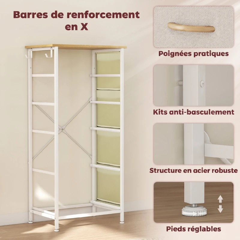 HOMCOM Commode 5 tiroirs en tissu, meuble de rangement avec 4 poches, 2 crochets, structure en acier, 45 x 30 x 94,5 cm, beige