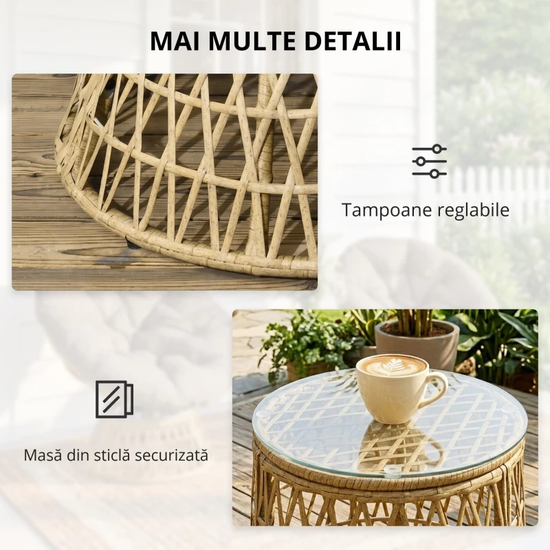 Outsunny Set de bistro pentru balcon, set de terasă, set rezistent la intemperii, perne detașabile, 85 cm x 70 cm x 82 cm, Natural + Maro deschis