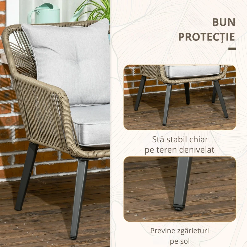 Outsunny Set Modern din 3 Piese cu Suporturi Ajustabile, Set de Cafea pentru Terasă din Împletitură Rotundă, 63x73x78 cm, Gri Deschis