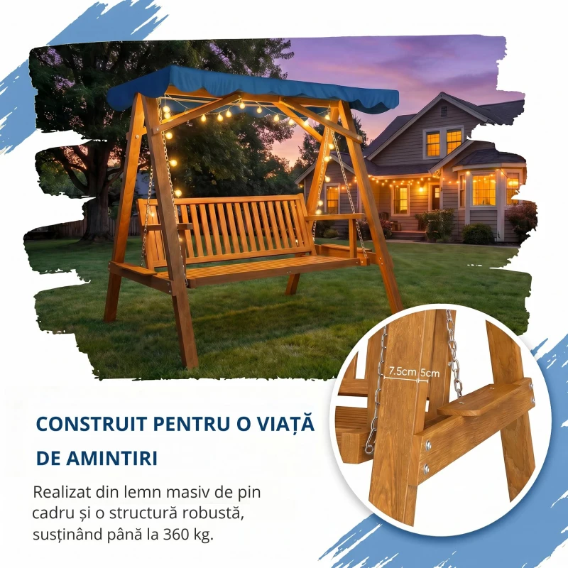 Outsunny leagan de gradina cu 3 locuri, lemn, 200x130x185 cm