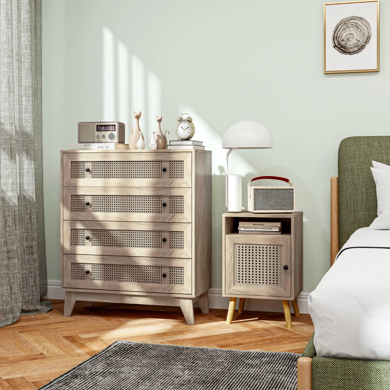 HOMCOM Commode 4 tiroirs meuble de rangement cannage en rotin aspect bois clair 80 x 35 x 95 cm