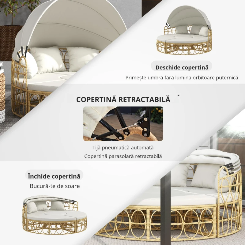 Outsunny Pat din rattan rotund, 4 piese, acoperiș extensibil, 5 perne, aspect rattan, 178B x 85T x 66,5H cm, bej