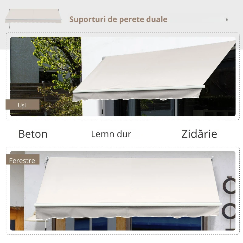 Outsunny Copertina pentru soare cu brate si actionare manuala, din aluminiu si poliester pentru exterior, 295x200 cm, alb crem