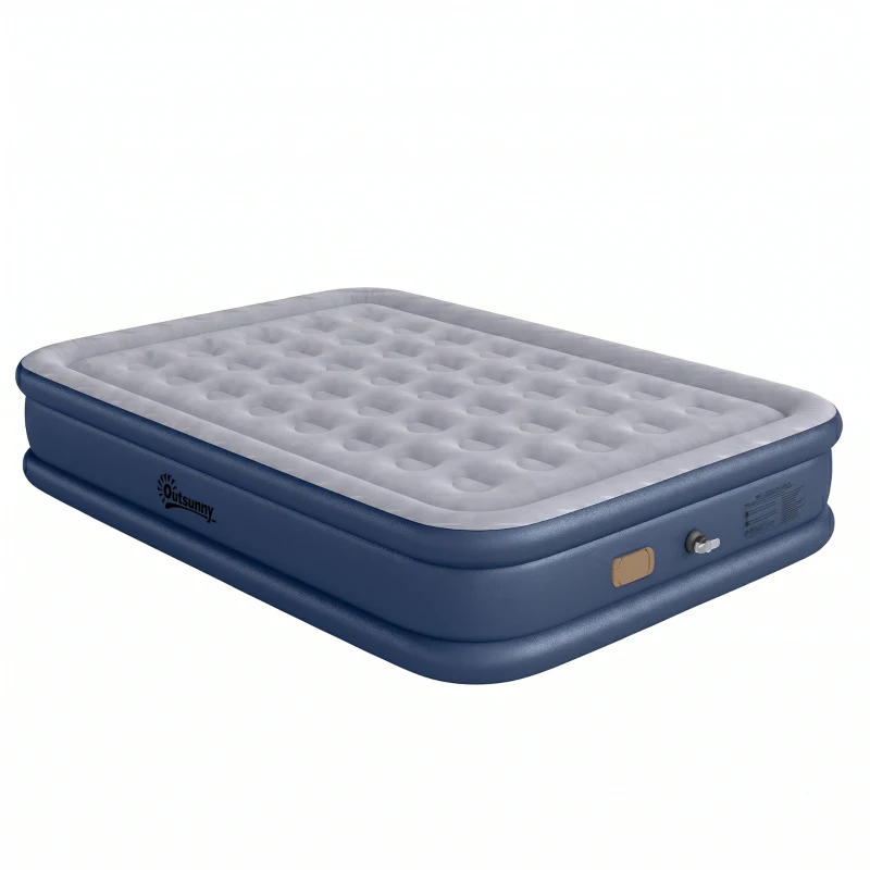 Outsunny Inflatable Mattress, Double Air Bed with Built-in Electric Pump, 3 Mins Inflation, Flocked Surface, Grey