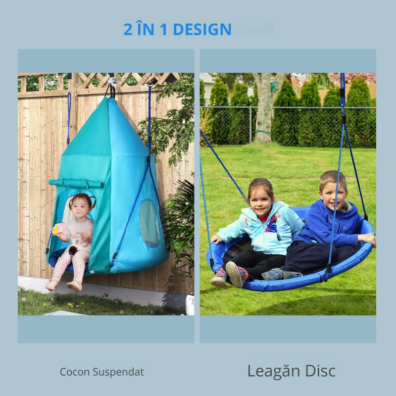 Outsunny Leagan pentru gradina cu prelata pentru copii cu varste cuprinse intre 3 – 8 ani, leagan cuib Ø100cm cu franghii reglabile, albastru
