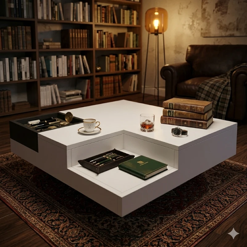 Couchtisch Hochglanz, Beistelltisch mit abnehmbarer Aufbewahrungsbox und LED-Lichteffekt, 72×72×30 cm, Weiß
