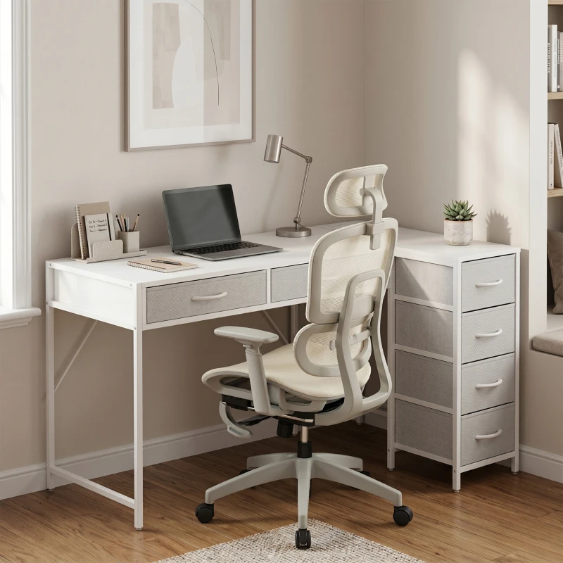 HOMCOM Birou Unghiular cu 6 Sertare cu Cârlig Lateral și Prize Integrate, din Lemn și Oțel, 126x48x80 cm, Alb