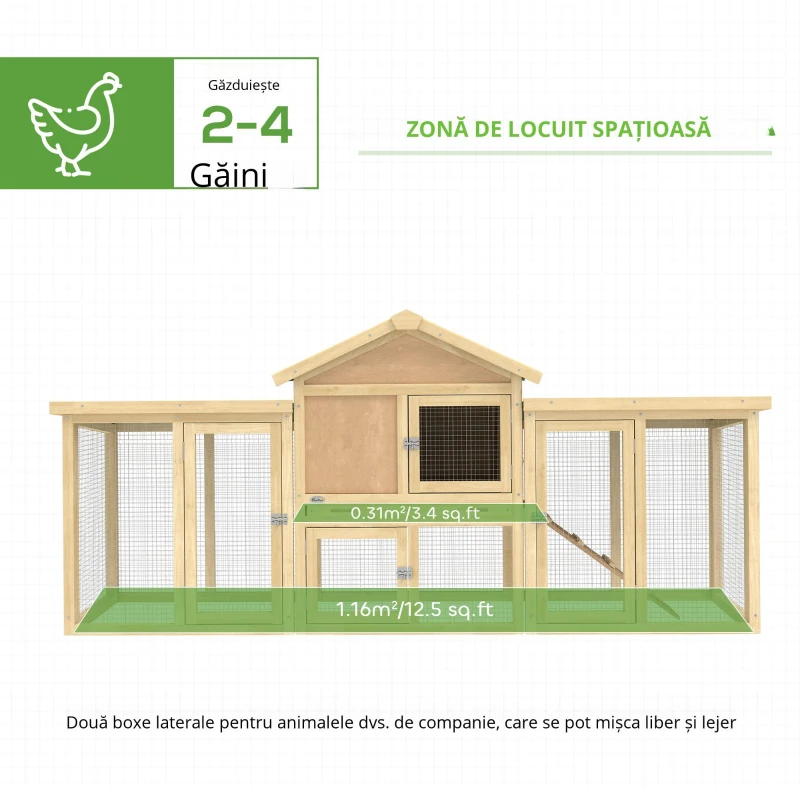 PawHut Coteț pentru găini din lemn cu cuib, acoperiș impermeabil, băț de odihnă, curte, rampă, 204x85x93 cm lemn natural