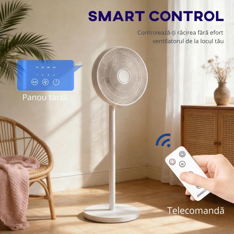 HOMCOM Ventilator de Podea cu Telecomandă, Reglabil pe Înălțime, 4 Viteze, Oscilație 80°, Timer 10 Ore, Alb, Ø40x90.5-118.5Î cm