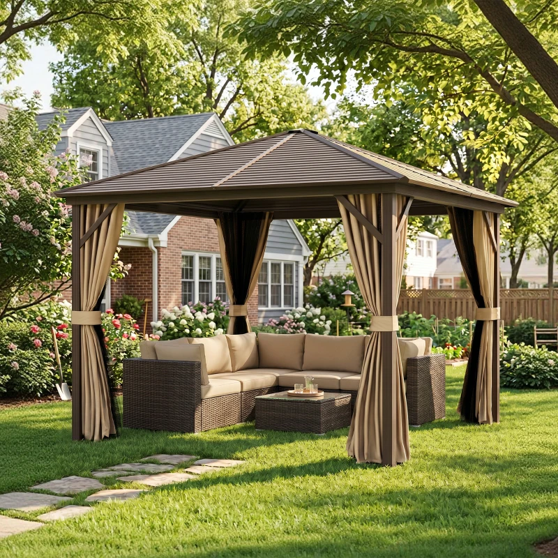 Outsunny 3 x 3(m) Metal Hardtop Gazebo, with Curtains and Accessories - Brown