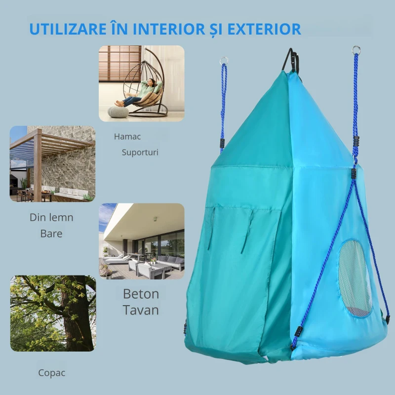 Outsunny Leagan pentru gradina cu prelata pentru copii cu varste cuprinse intre 3 – 8 ani, leagan cuib Ø100cm cu franghii reglabile, albastru