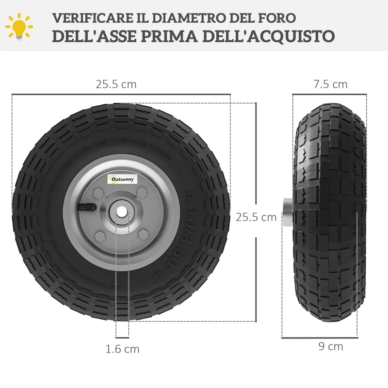 Outsunny Set 2 Ruote per Carrello Ø25.5x7.5 cm Capacità 80 kg con Scanalature, in Gomma e Acciaio, Nero