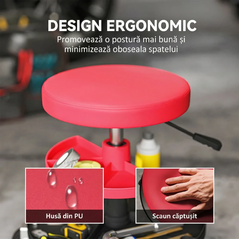 HOMCOM Scaun de Atelier cu Roți de 6 cm, Capacitate până la 135 kg, Înălțime Reglabilă 40-51 cm, cu Tăvi pentru Scule, Roșu