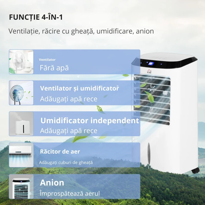 HOMCOM Răcitor 4 în 1 de 10L cu Umidificator, Timer 8h și Telecomandă, 38.2x31.6x76 cm, din ABS, Alb și Negru