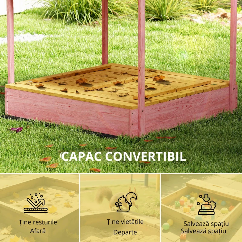 AIYAPLAY Ladă de Nisip pentru Copii 3-6 Ani cu Acoperiș cu Flamingo, Scaune Pliabile, Capac și Husă Incluse, Ladă de Joacă din Lemn de Brad, 134,5x127,5x130 cm, Roz