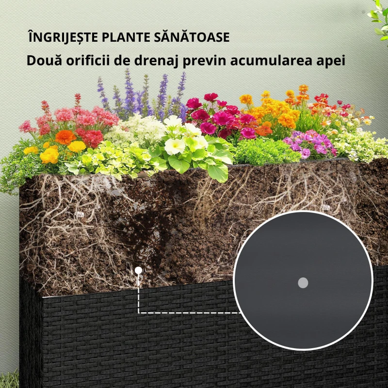 Outsunny Jardinieră înălțată din rășină împletită, suport flori cu vas detașabil și picioare reglabile, cadru din oțel, negru
