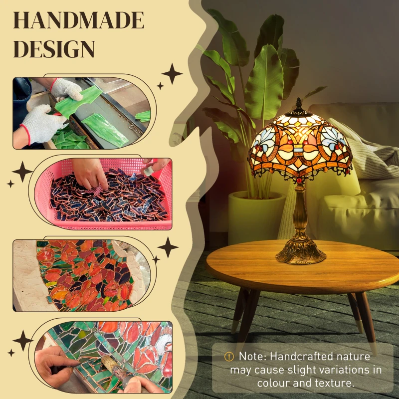 HOMCOM Tiffany Lamp, Stained Glass Table Lamp, Handcrafted Artisan Collectible, Suitable for Living Room and Bedside, Multi-Coloured, Ф25 x 45Hcm, Zinc Alloy.
