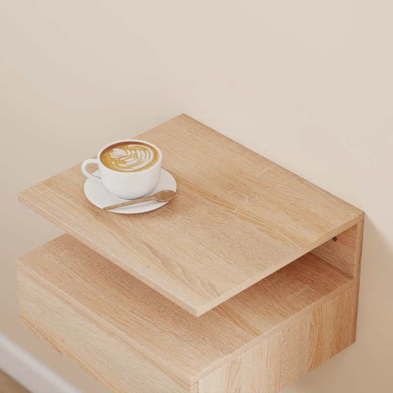 HOMCOM Set of Two Floating Bedside Tables - Oak