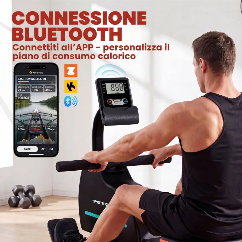 SPORTNOW Vogatore domestico: 16 livelli resistenza, Bluetooth, APP compatibile.