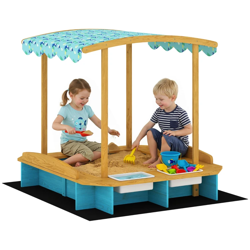 AIYAPLAY Arenero para Niños de Madera con Techo 3 Bancos 2 Cajas de PP Forro para Niños de 3-6 Años 128x118x121 cm Azul
