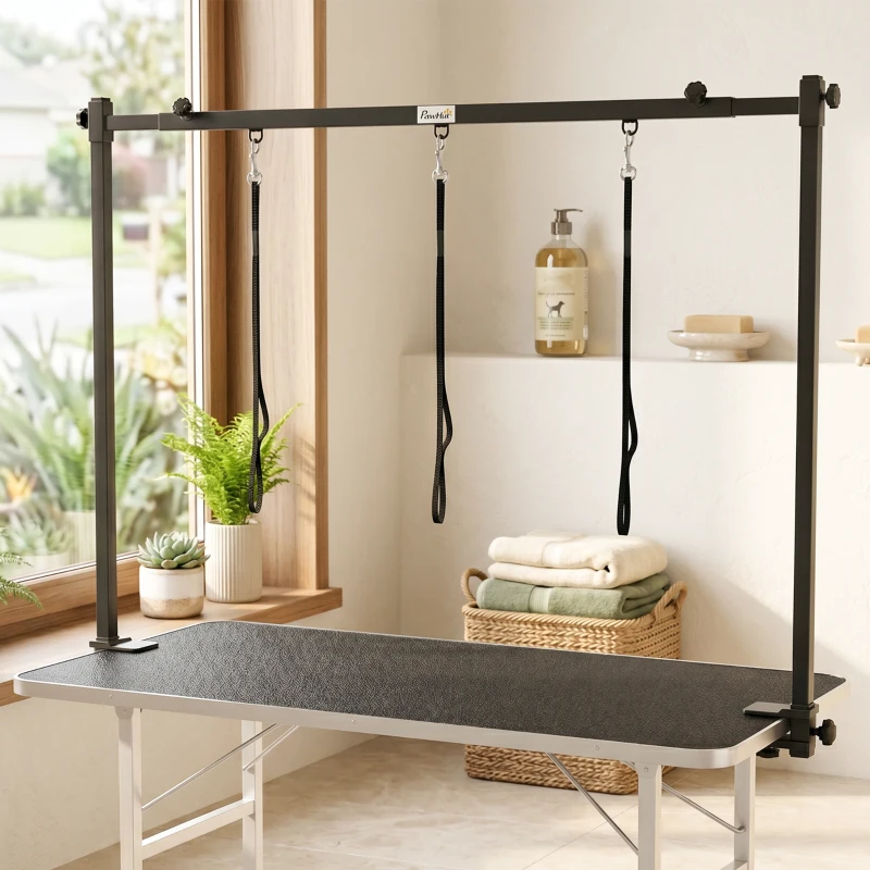 PawHut Dog Grooming Arm Adjustable H-Shape Dog Grooming Table Arm with Clamp and 3 Nooses Black