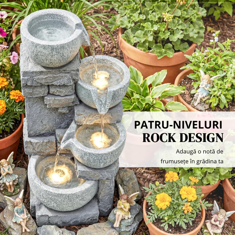 Outsunny Fântână de grădină Cascadă 4 niveluri Decorațiune efect piatră și cărămidă cu iluminare LED 28 x 25 x 54,5 cm Gri