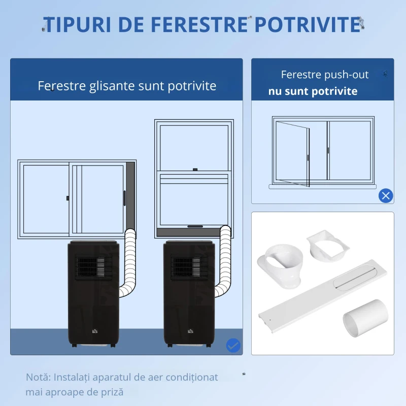 HOMCOM Aer condiționat portabil de 950W cu 5 moduri și 3 viteze, din plastic ABS și oțel, 33x28x70,4 cm, negru
